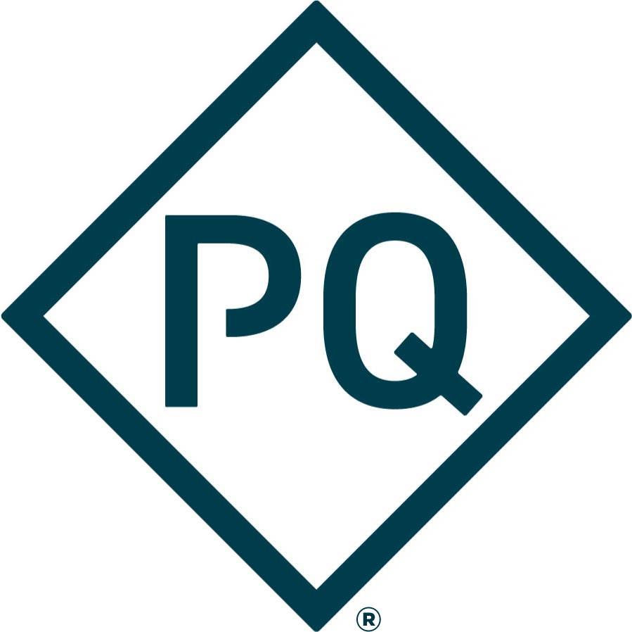 A blue PQ logo with a white background.